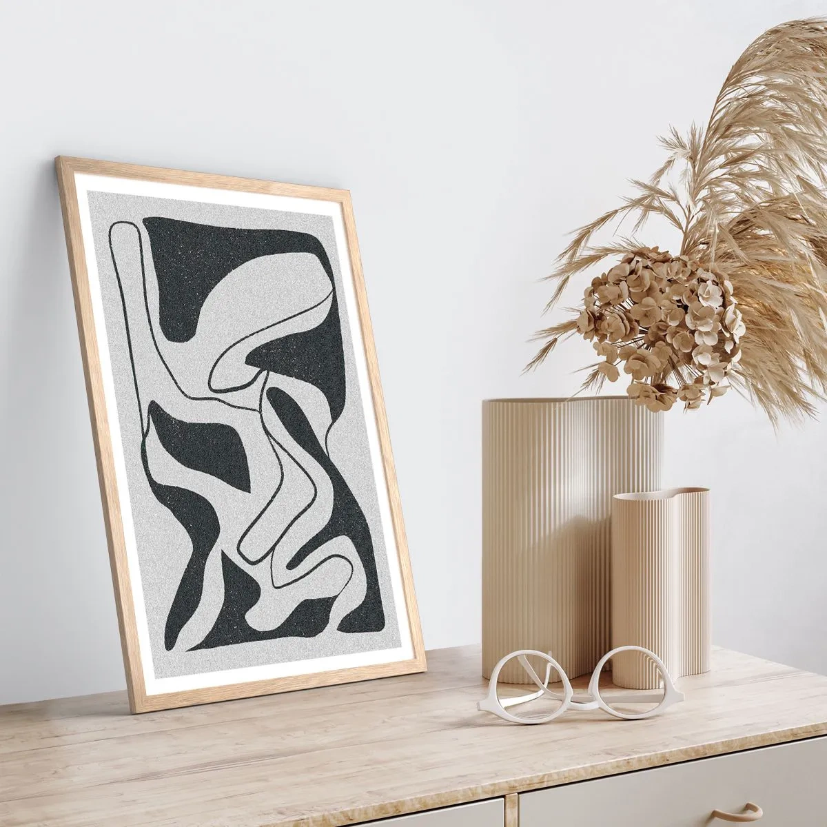 Plakat i ramme af lyst egetræ - Abstrakt leg i en labyrint - 61x91 cm