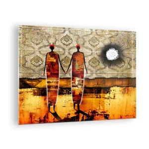 Billede på glas - To abstrakte figurer mod en baggrund af ornament og gyldne nuancer - 70x50cm - Etnisk sammensætning i farverne i Afrika - Moderne vægdekoration til stue og soveværelse ARTTOR