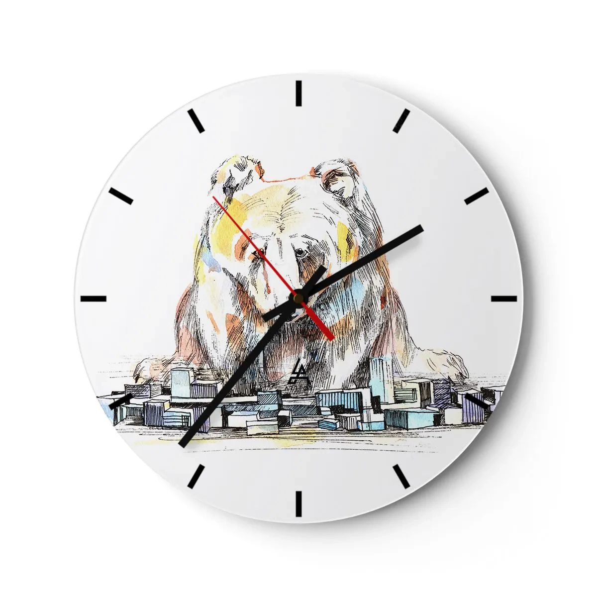 Vægur, Uret - Tegning af en bjørn over et bylandskab - 30x30cm - Hvordan kan man leve på den måde? - Moderne vægdekoration til stue, køkken og soveværelse ARTTOR