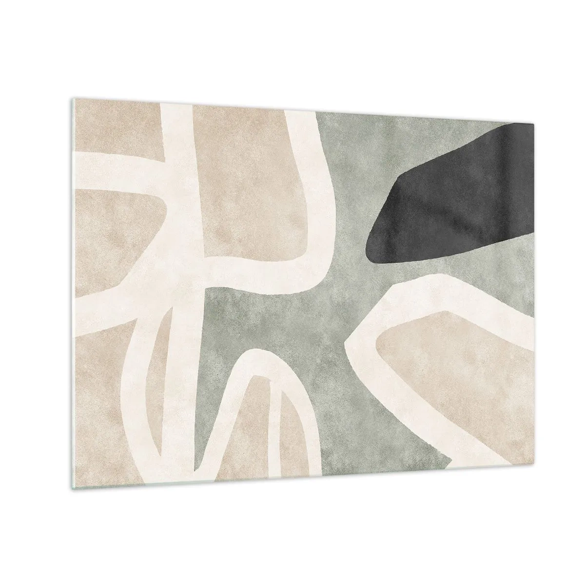 Billede på glas - Abstrakte former i beige og grønt med et strejf af sort - 70x50cm - Komposition med et sort tema - Moderne vægdekoration til stue og soveværelse ARTTOR