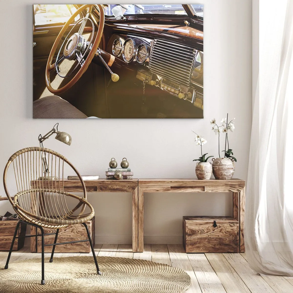 Lærredstryk - Billede på lærred - Nærbillede af et klassisk bilinteriør med træ- og kromdetaljer. - 70x50cm - Et pust af luksus fra fortiden - Moderne vægdekoration til stue og soveværelse ARTTOR