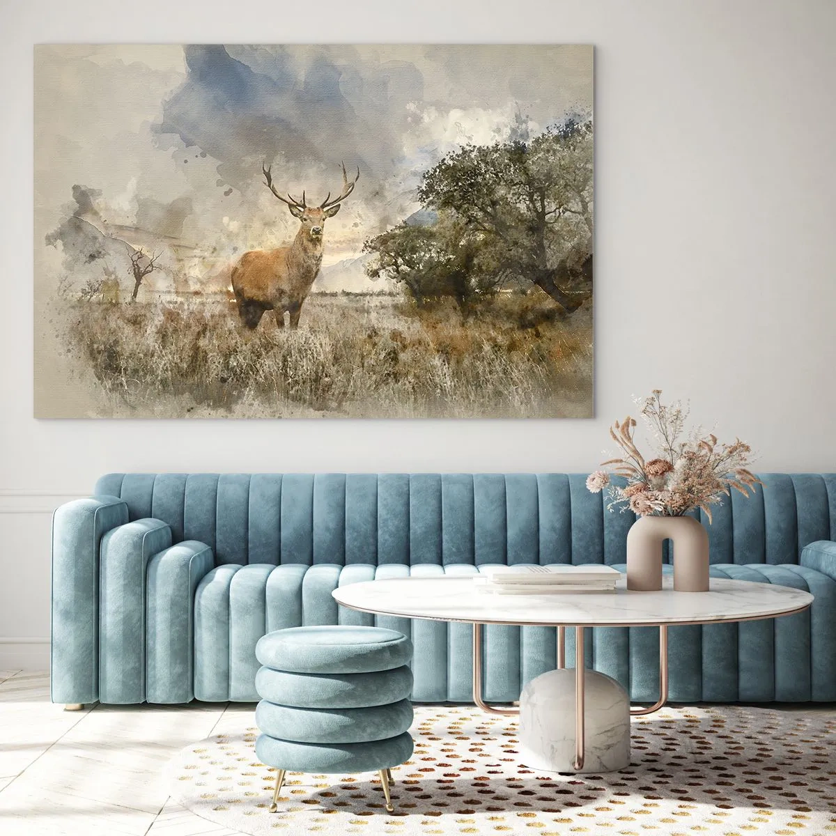 Billede på glas - En hjort i et naturligt landskab med diskrete farver i baggrunden - 70x50cm - Værdighed - styrke - værdighed - Moderne vægdekoration til stue og soveværelse ARTTOR