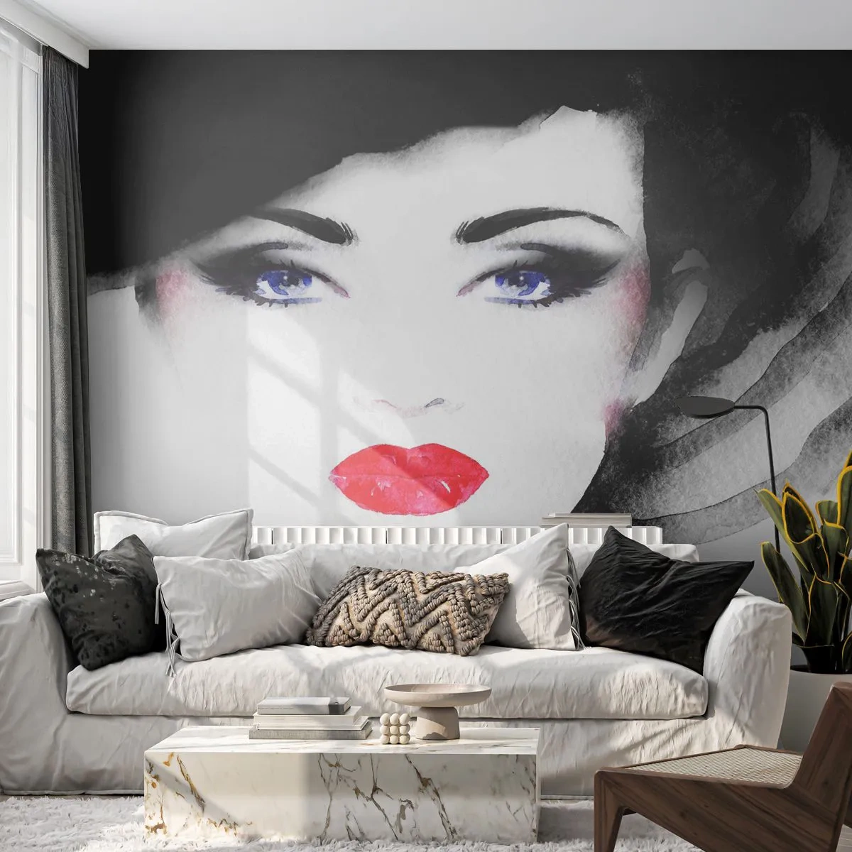 Fototapet Standard Eco - Stilfuldt kvindeligt ansigt i akvarel sort-hvid stil - 100x70cm - Afviser og tilkalder - Moderne vægdekoration til stue og soveværelse ARTTOR
