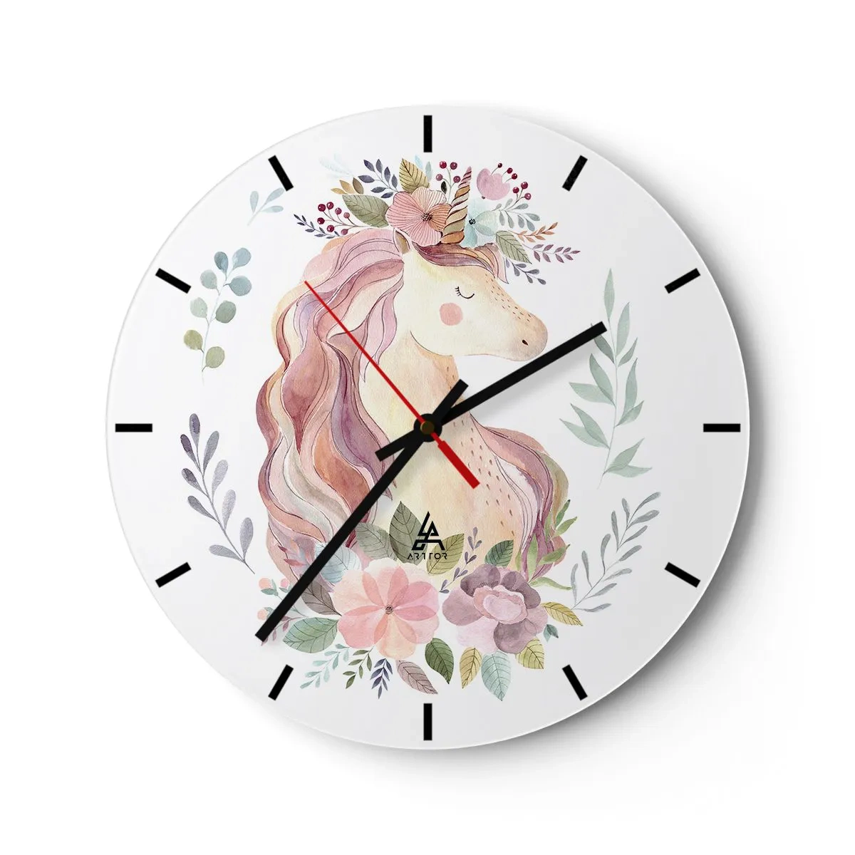 Vægur, Uret - Akvarel enhjørningshoved med en blomsterkrone - 30x30cm - En invitation til eventyrets verden - Moderne vægdekoration til stue, køkken og soveværelse ARTTOR