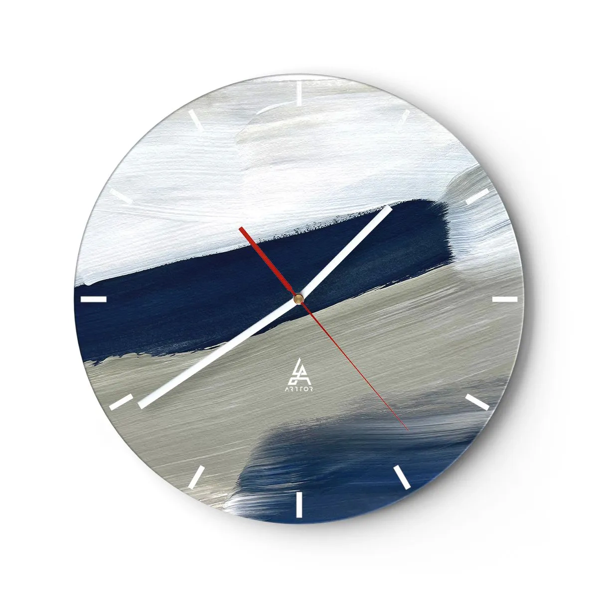 Vægur, Uret - Abstrakte penselstrøg i hvid og marineblå - 30x30cm - Møde med det hvide - Moderne vægdekoration til stue, køkken og soveværelse ARTTOR