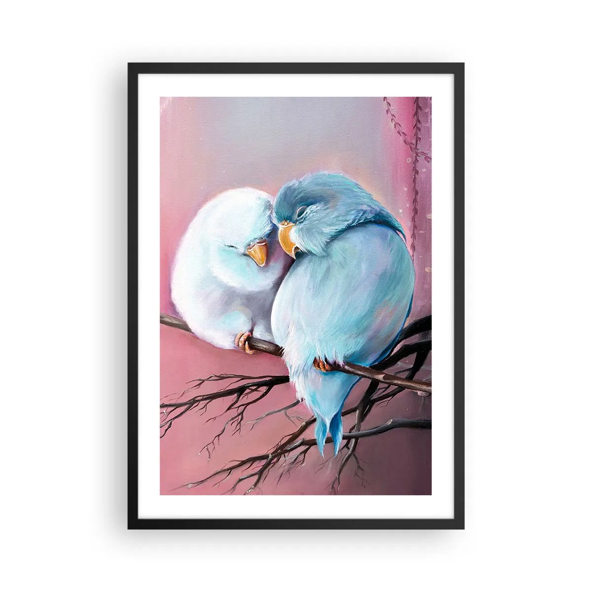 Plakat i sort ramme - To fugle sidder på en gren i romantiske omgivelser - 50x70cm - Hvad er der at tilføje?.... - Moderne vægdekoration til stue og soveværelse ARTTOR