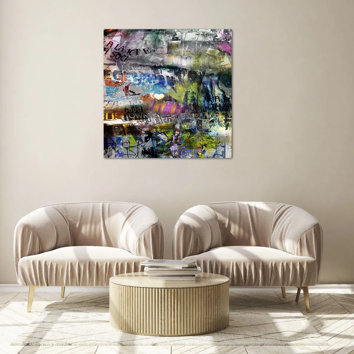 Billede på glas - En collage af minder - 70x70 cm