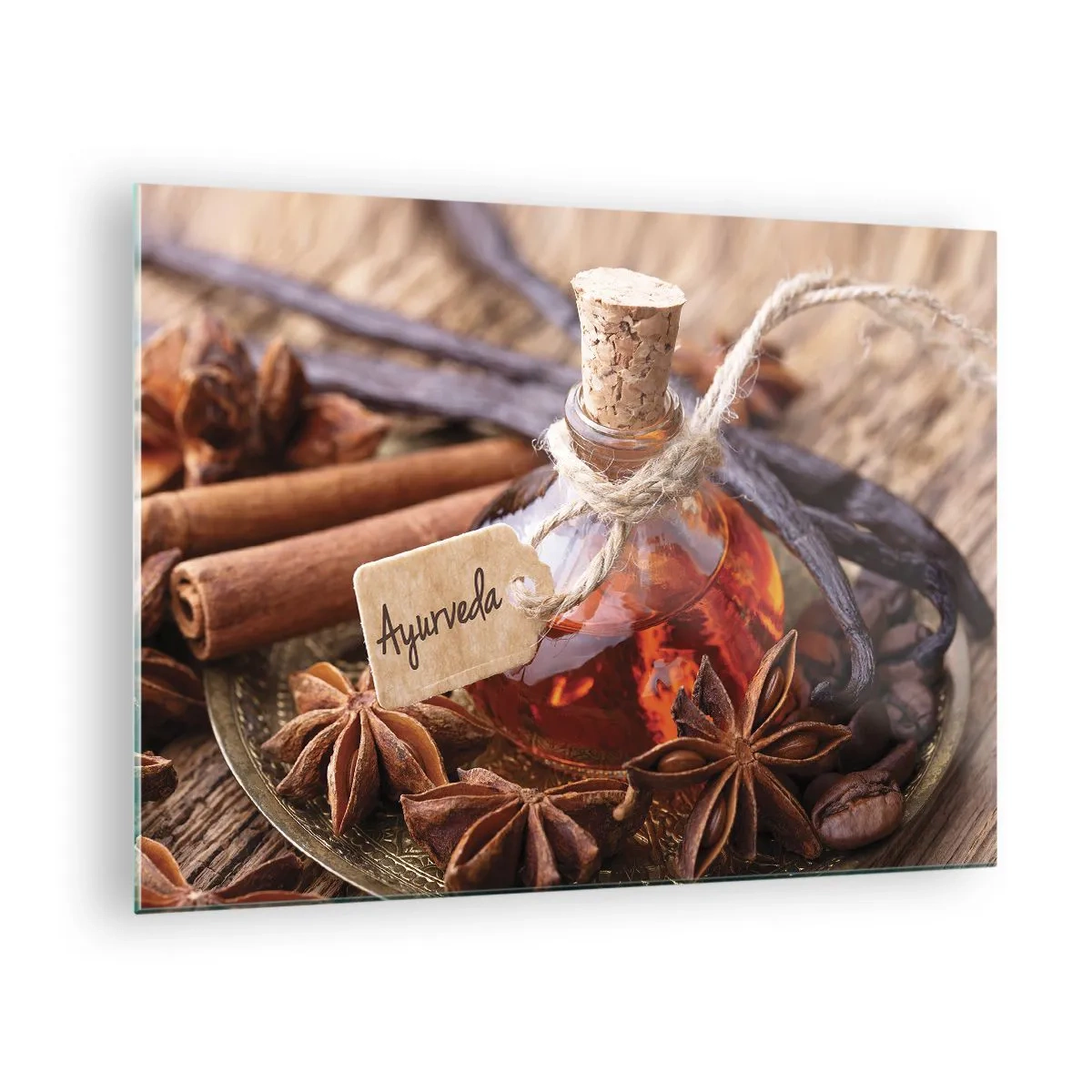 Billede på glas - Ayurvedisk olie- og krydderiflaske - 70x50cm - På vej mod enhed af krop og ånd - Moderne vægdekoration til stue og soveværelse ARTTOR