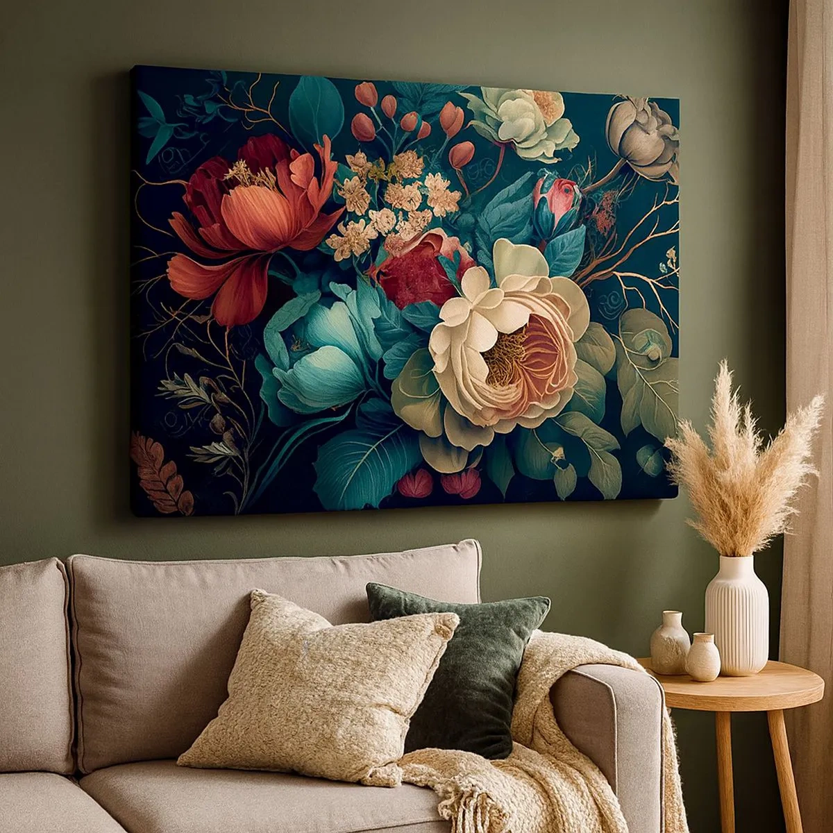 Lærredstryk - Billede på lærred - En farverig blomsterkomposition på en mørk baggrund - 70x50cm - Charme fra det 19. århundrede - Moderne vægdekoration til stue og soveværelse ARTTOR