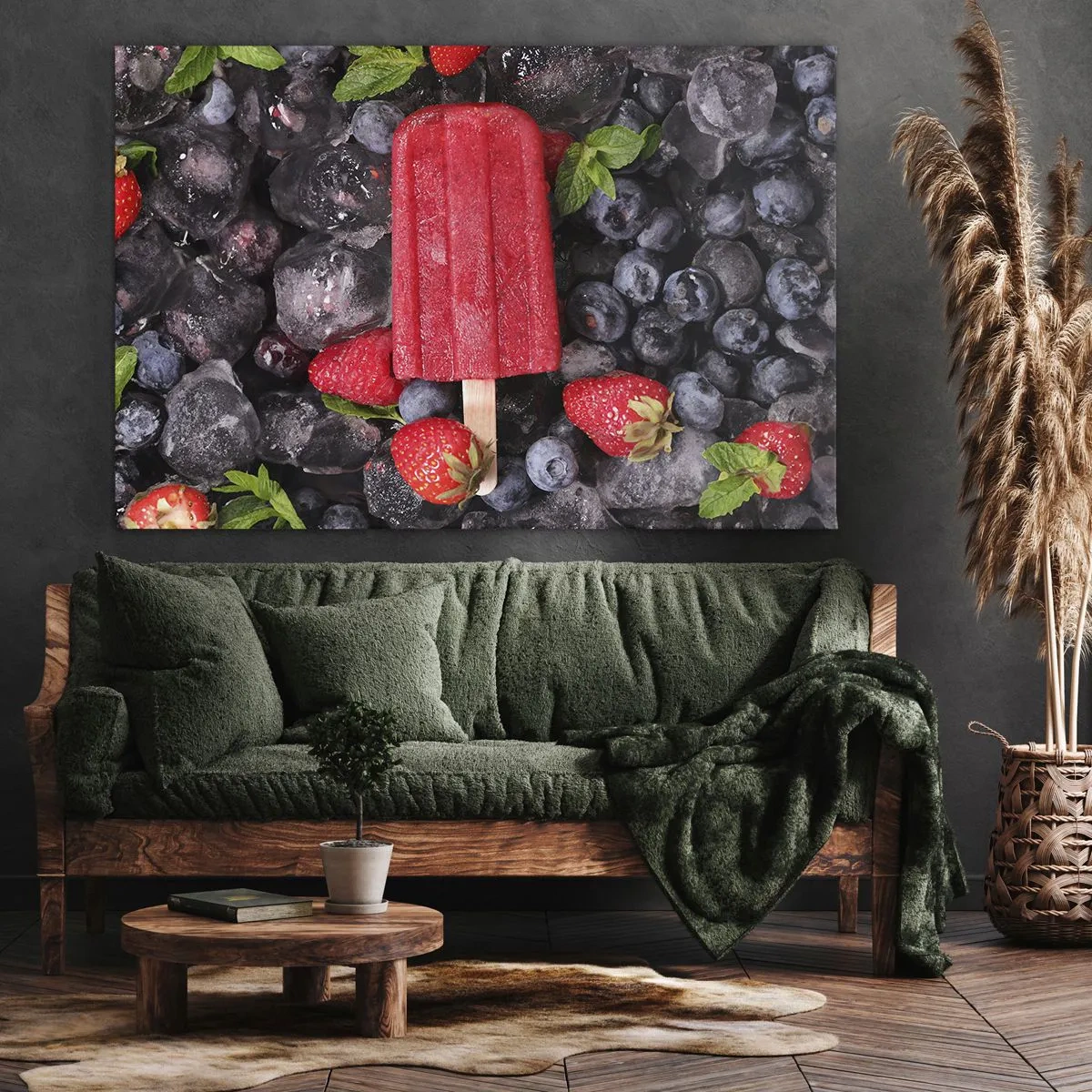 Lærredstryk - Billede på lærred - Rød ispind omgivet af frugt og is - 70x50cm - En smag af varm sommer - Moderne vægdekoration til stue og soveværelse ARTTOR