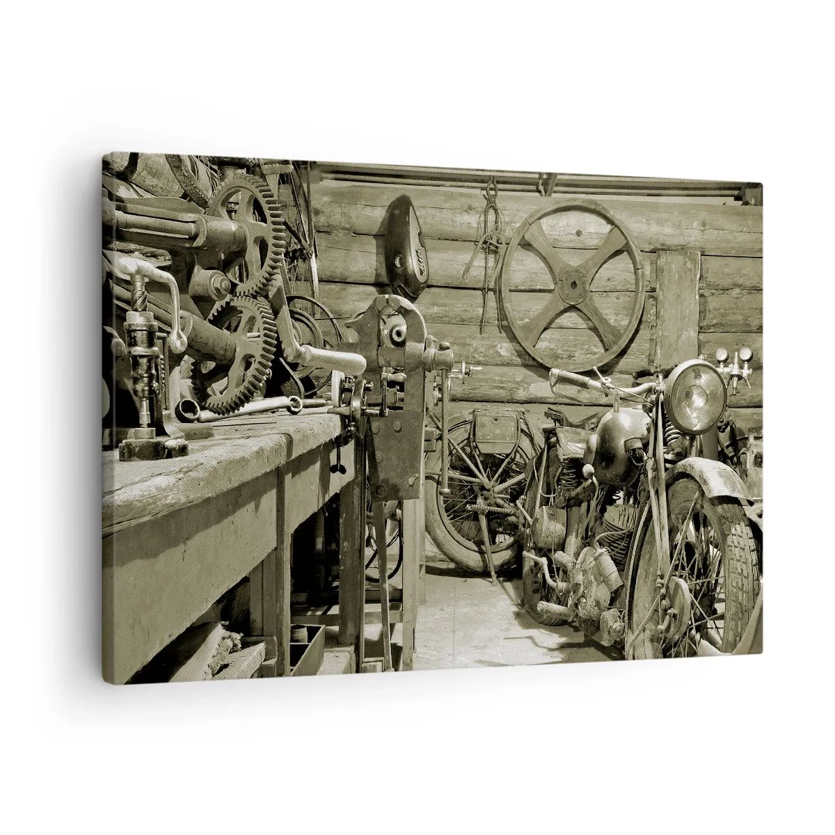 Lærredstryk - Billede på lærred - Retro værksted med motorcykler og værktøj - 70x50cm - I onkel Wladeks skur - Moderne vægdekoration til stue og soveværelse ARTTOR