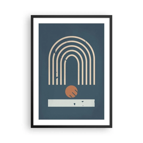 Plakat i sort ramme - Geometriske buer og en kugle på en mørk baggrund - 50x70cm - Geometri på granatæble - Moderne vægdekoration til stue og soveværelse ARTTOR