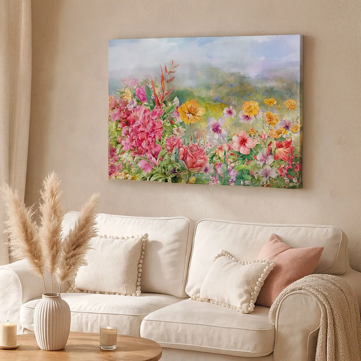 Lærredstryk - Billede på lærred - En farverig blomsterkomposition mod en pastelfarvet landskabsbaggrund - 70x50cm - En have, der er gået amok - Moderne vægdekoration til stue og soveværelse ARTTOR