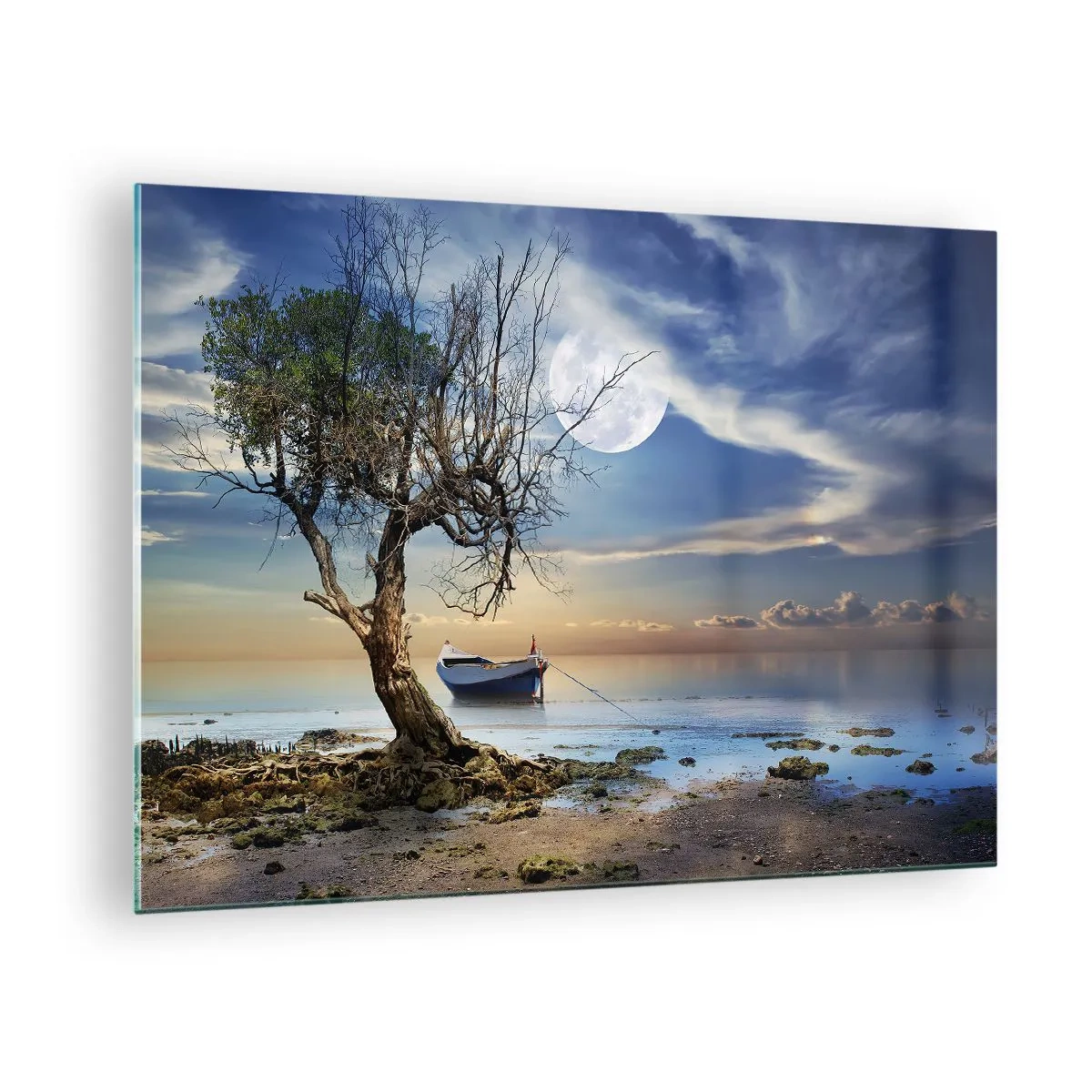 Billede på glas - En ensom båd ved et træ mod månens baggrund - 70x50cm - Er dette enden eller begyndelsen? - Moderne vægdekoration til stue og soveværelse ARTTOR