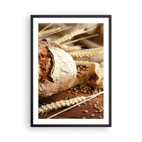 Plakat i sort ramme - Brød på et træbord med hvedeaks - 50x70cm - Appetitlig, velduftende, sprød - Moderne vægdekoration til stue og soveværelse ARTTOR