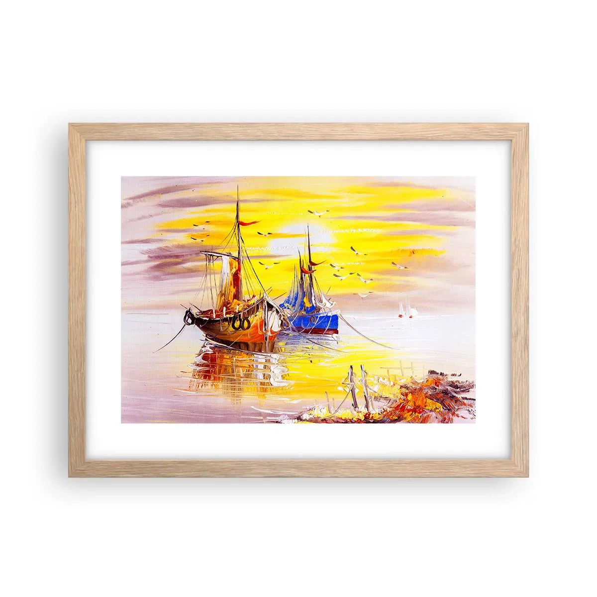 Plakat i ramme af lyst egetræ - Et velfortjent hvil i havnen - 40x30 cm