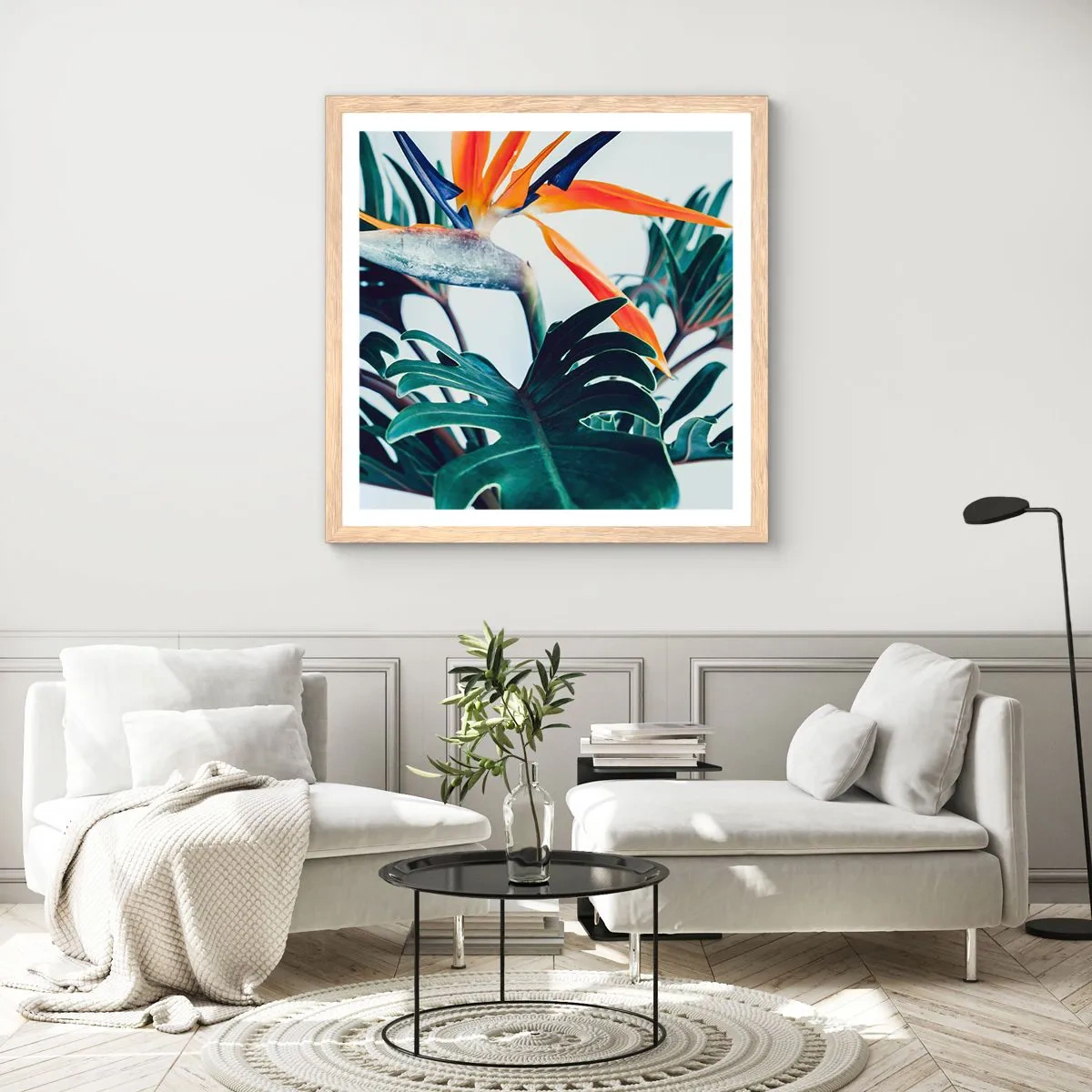 Plakat i ramme af lyst egetræ - Fuglebur - 40x40 cm