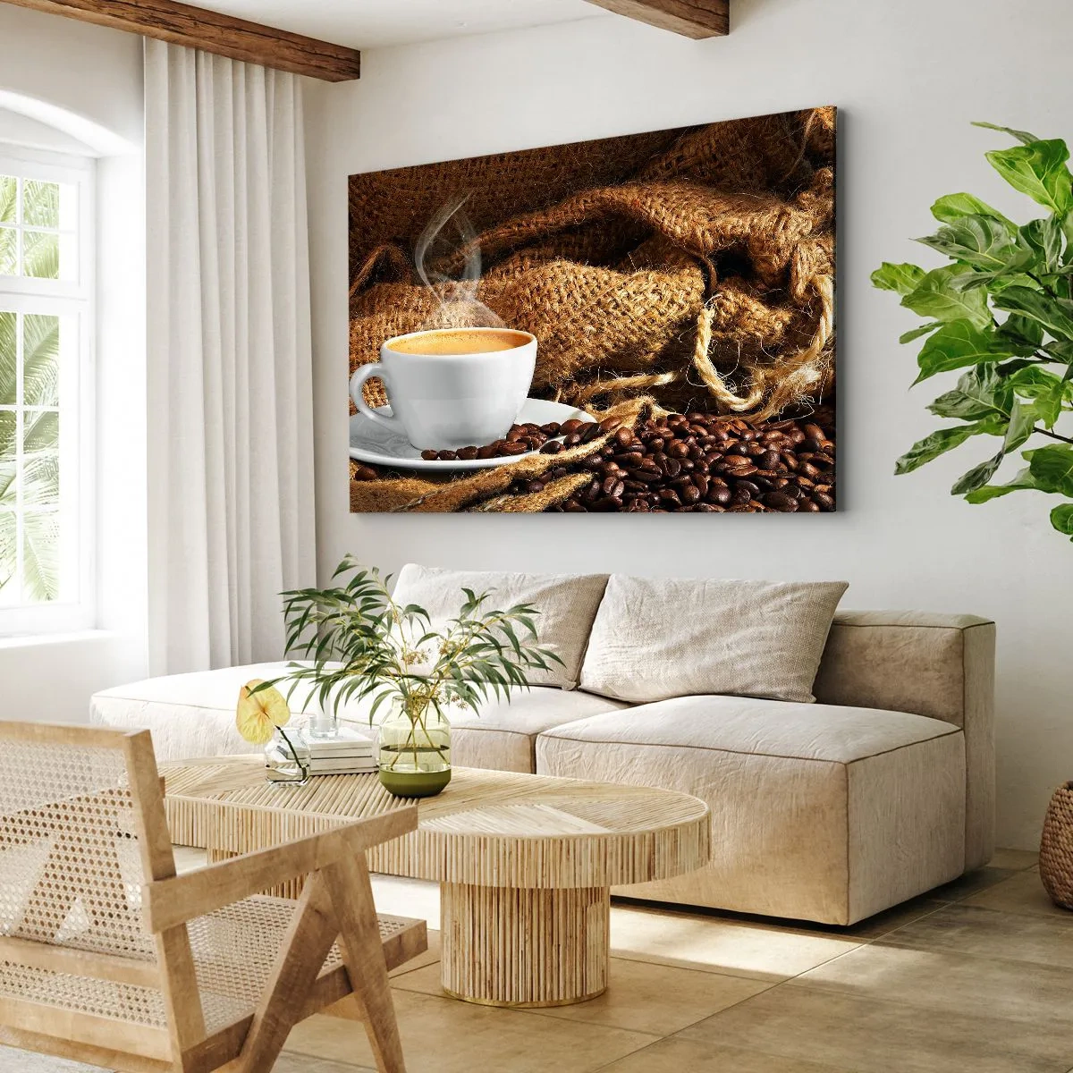 Lærredstryk - Billede på lærred - En kop kaffe omgivet af en pose kaffebønner - 70x50cm - Duften af mokka og honningvæskens tæthed - Moderne vægdekoration til stue og soveværelse ARTTOR
