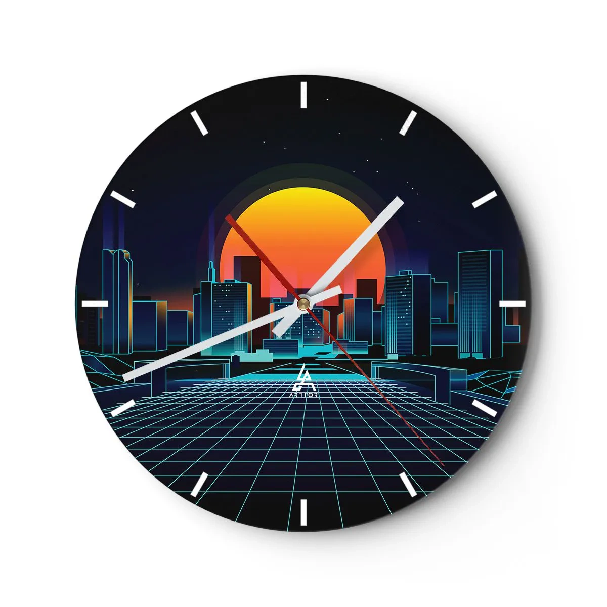 Vægur, Uret - Retro-futuristisk bybillede med neonlys og solnedgang - 30x30cm - Vil du stadig gerne komme til den ægte vare? - Moderne vægdekoration til stue, køkken og soveværelse ARTTOR