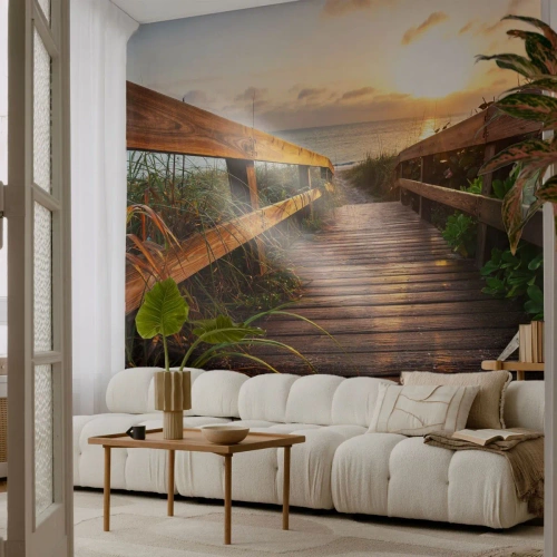 Fototapet Premium Sand - Og direkte til kysten - Landskab, Hav, træbro - 100x70 cm