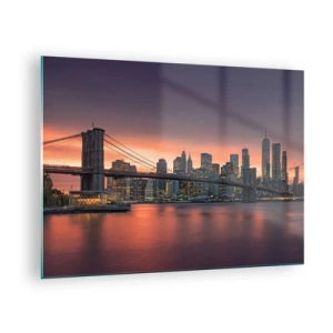 Billede på glas - Brooklyn Bridge ved solnedgang - 70x50cm - Sænket i lilla stilhed - Moderne vægdekoration til stue og soveværelse ARTTOR