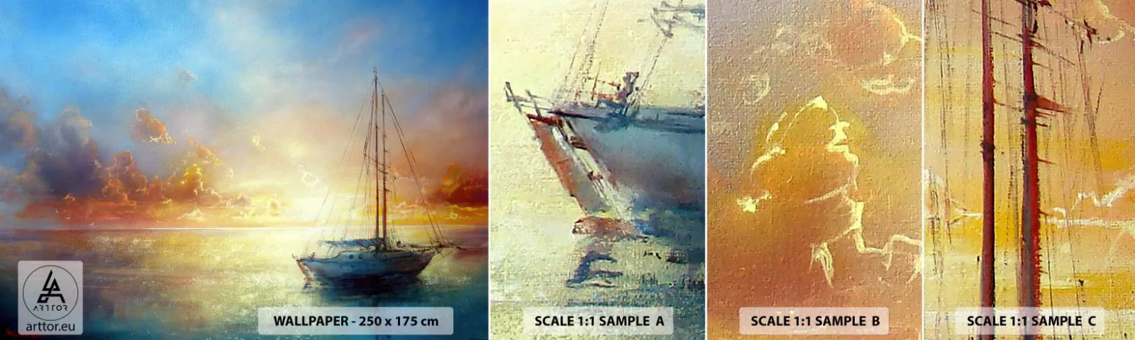 Prøve Fototapet Selvklæbende Deluxe Sticker - I en gylden bugt - Sejlbåd, Landskab, Hav - 100x30 cm