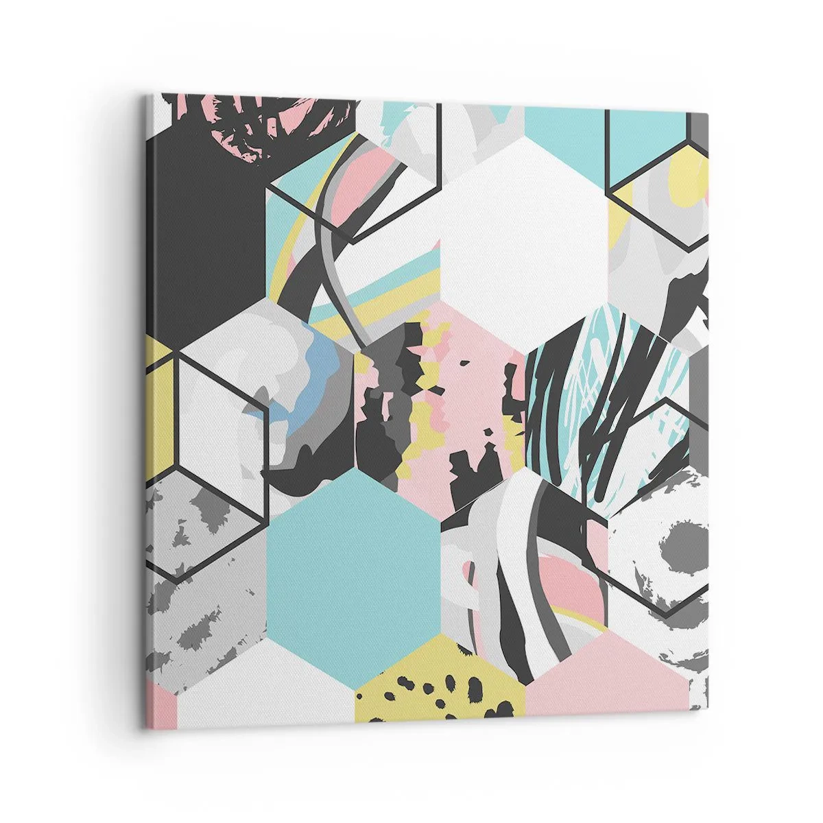 Lærredstryk - Billede på lærred - Sekskanter og terninger i seks farver - 60x60 cm