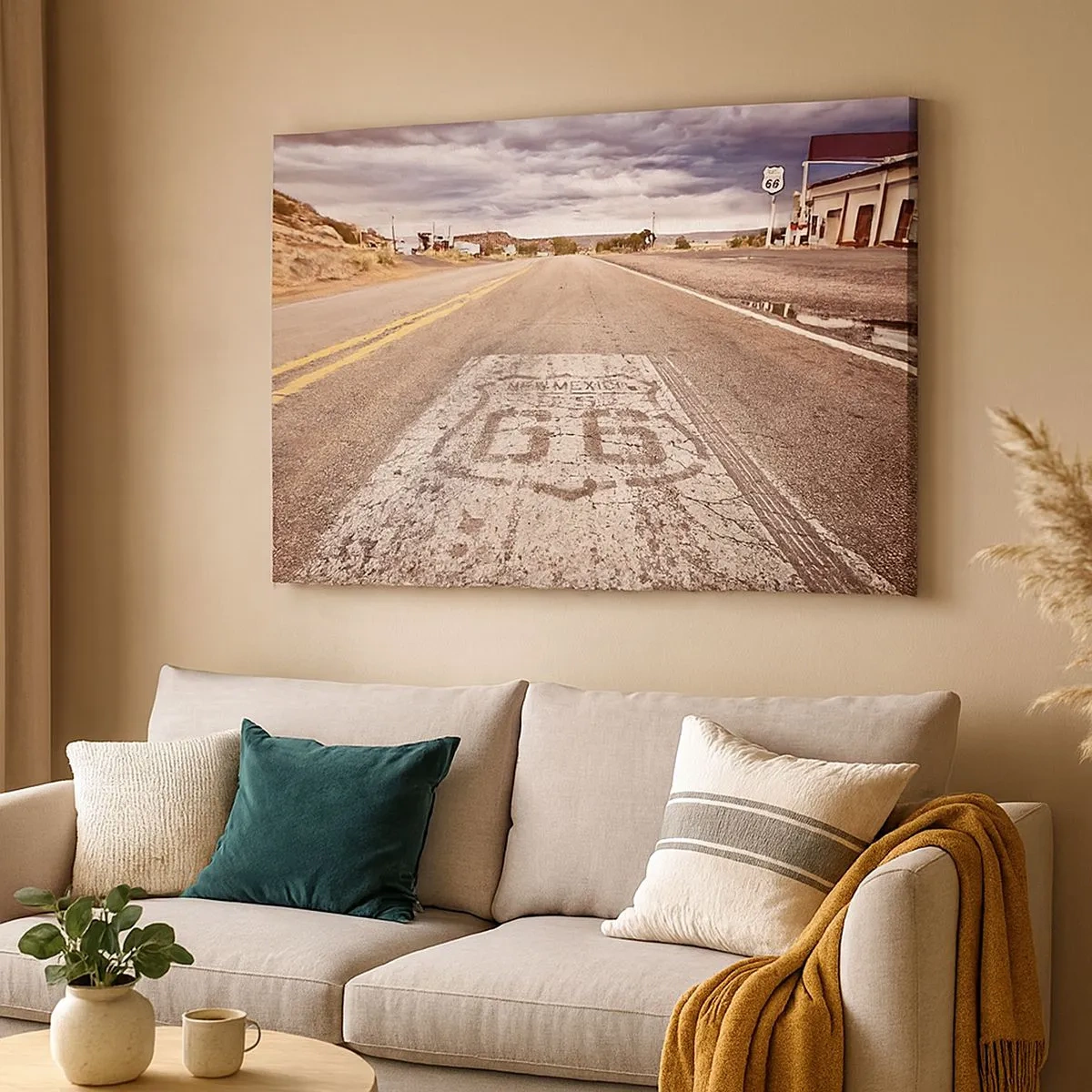 Lærredstryk - Billede på lærred - Route 66 i et ørkenklima med en malerisk himmel - 70x50cm - Mother Road - amerikansk legende - Moderne vægdekoration til stue og soveværelse ARTTOR