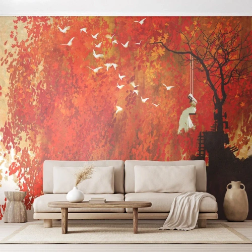 Fototapet Premium Sand - Vil han flyve med dem? - Abstraktion, Kvinde, Fugle - 100x70 cm