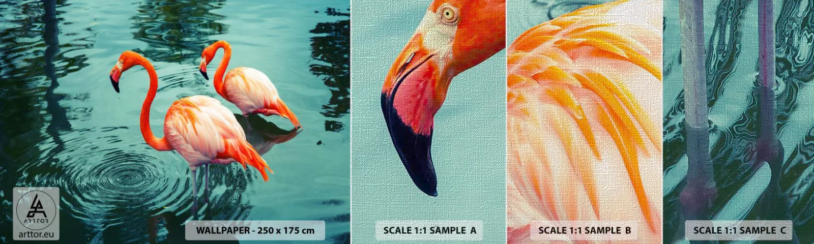 Prøve Fototapet Premium Canvas - Vi er nu på mode - Flamingoer, Fugle, Natur - 100x30 cm