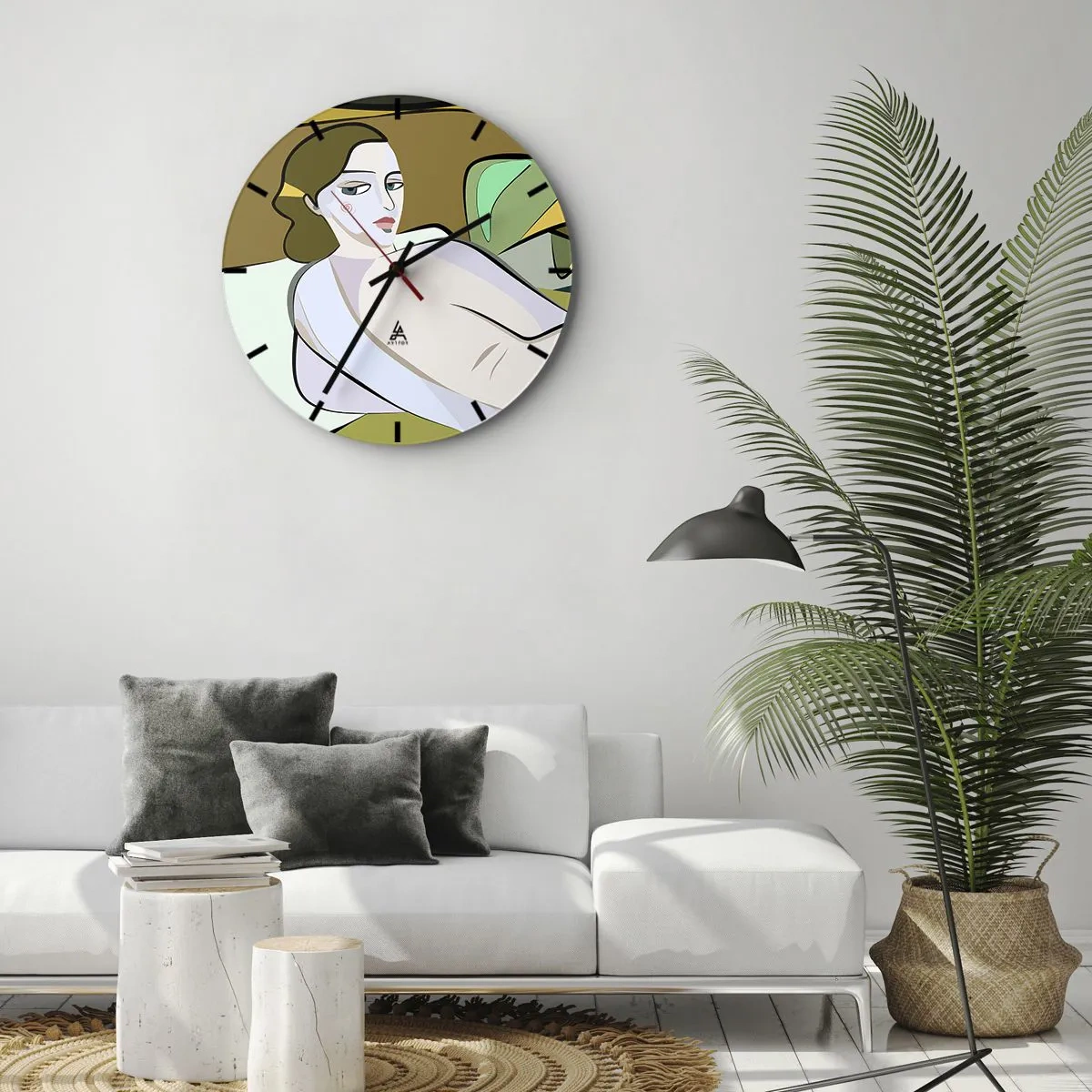 Vægur, Uret - En kvindefigur i kubistisk stil mod en abstrakt baggrund - 30x30cm - Intimt portræt - Moderne vægdekoration til stue, køkken og soveværelse ARTTOR