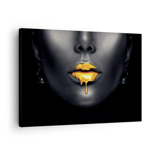 Lærredstryk - Billede på lærred - Sort og guld portræt af en kvinde med en dråbe guld på læberne - 70x50cm - Gyldenmund - Moderne vægdekoration til stue og soveværelse ARTTOR