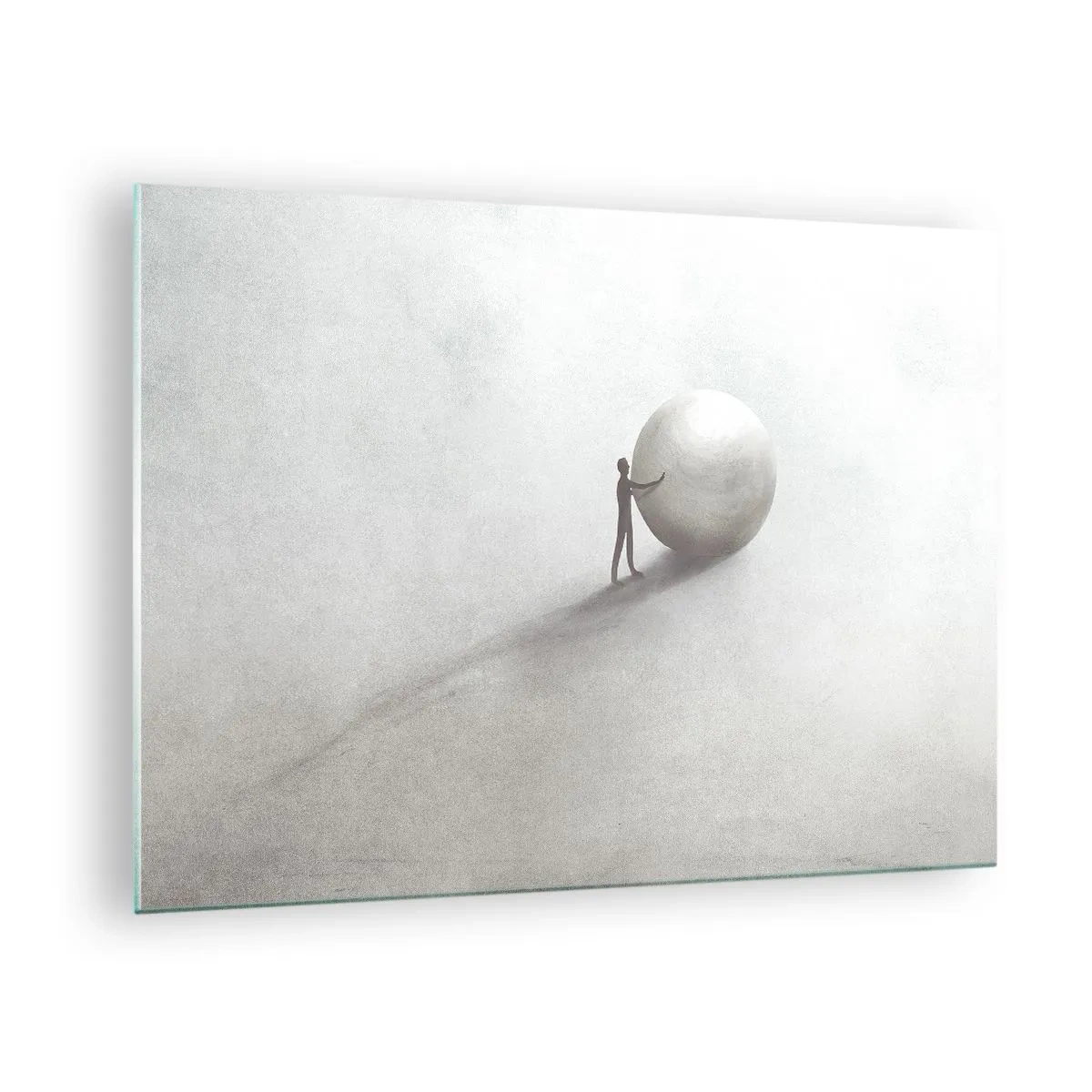 Billede på glas - En minimalistisk silhuet af en mand med en stor bold på en lys baggrund. - 70x50cm - Livets spil - Moderne vægdekoration til stue og soveværelse ARTTOR