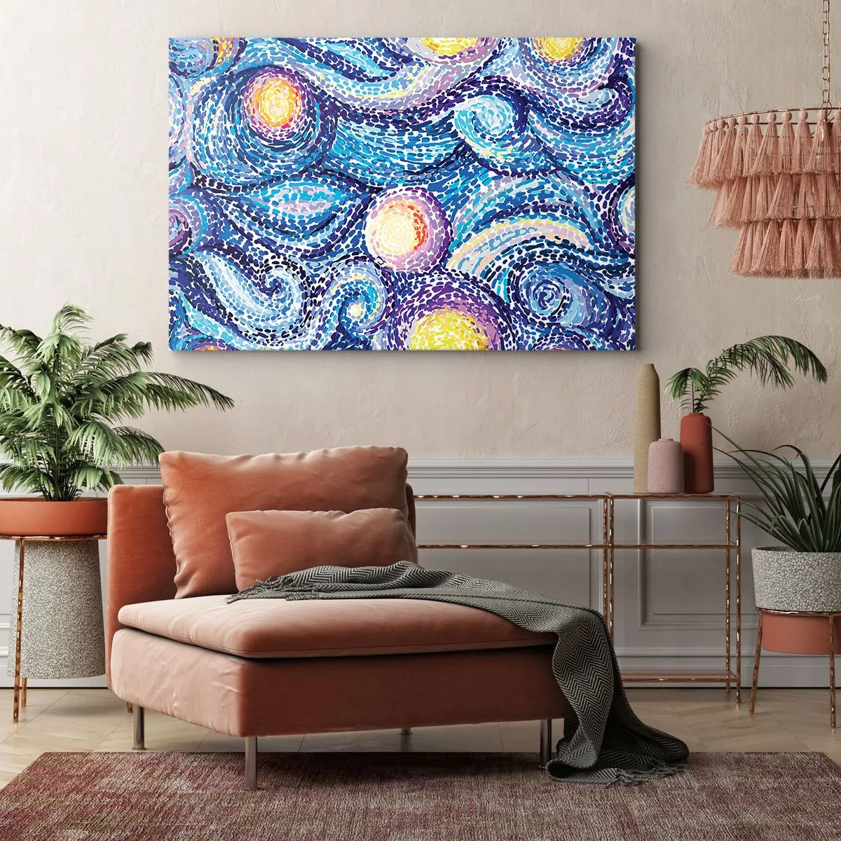 Lærredstryk - Billede på lærred - En kunstnerisk fortolkning af stjernehimlen i Van Goghs stil - 70x50cm - Fra et maleri af van Gogh - Moderne vægdekoration til stue og soveværelse ARTTOR