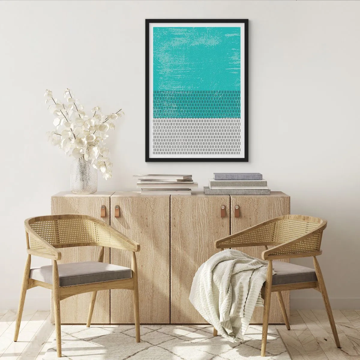 Plakat i sort ramme - Geometrisk mønster med turkise og hvide elementer i minimalistisk stil - 50x70cm - Balanceret sammensætning - Moderne vægdekoration til stue og soveværelse ARTTOR