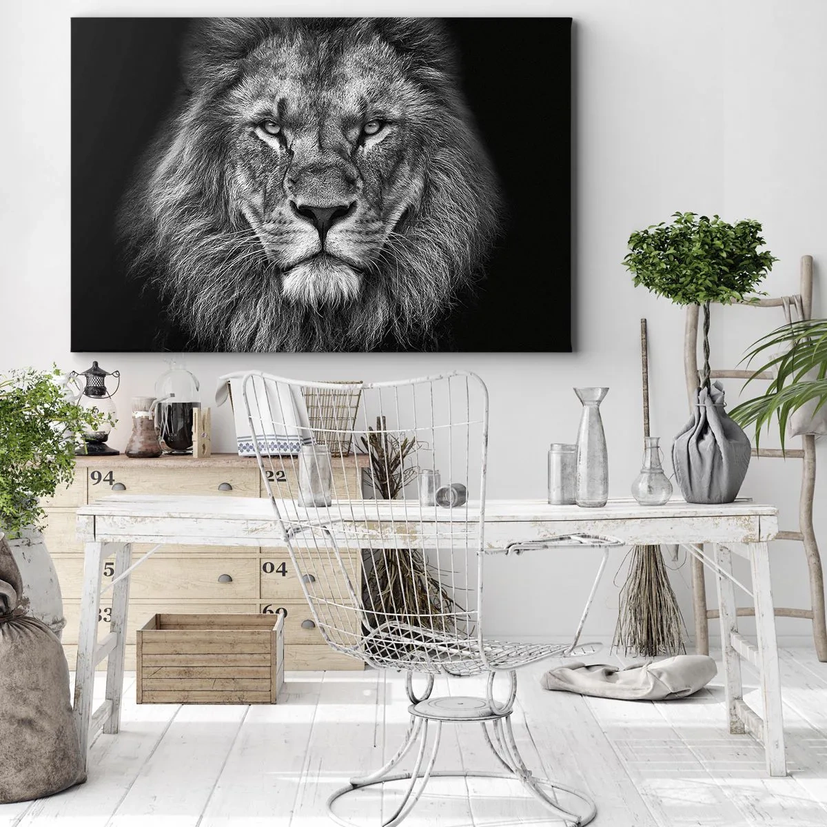 Lærredstryk - Billede på lærred - Portræt af en majestætisk løve i sort-hvid - 70x50cm - I kroningsklædning - Moderne vægdekoration til stue og soveværelse ARTTOR