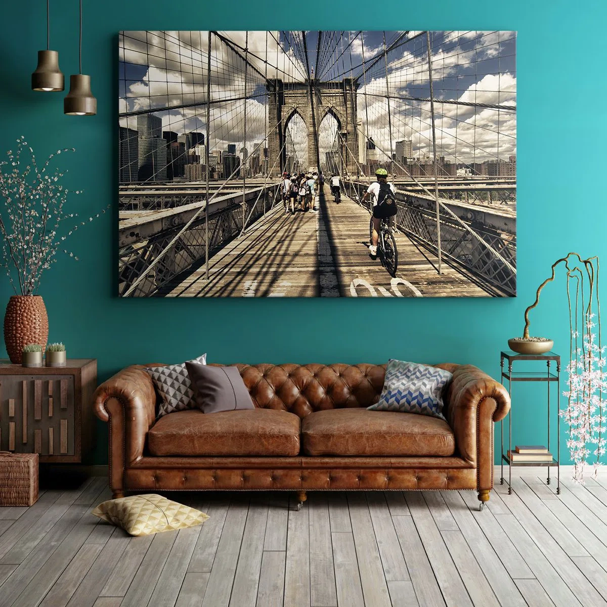 Lærredstryk - Billede på lærred - Brooklyn Bridge med udsigt til fodgængere og cyklister - 70x50cm - Lige til hjertet af byen - Moderne vægdekoration til stue og soveværelse ARTTOR