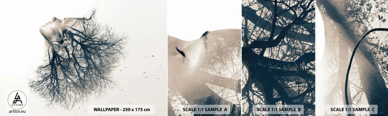 Prøve Fototapet Selvklæbende Deluxe Sticker - Lyttede til træets hvisken - Abstraktion, Kvindens ansigt, Træ - 100x30 cm