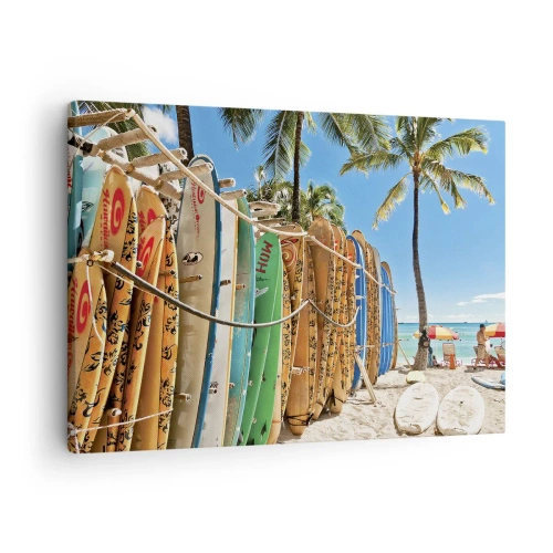 Lærredstryk - Billede på lærred - Surfbrætter på en strand med palmer - 70x50cm - Solrig sjov - Moderne vægdekoration til stue og soveværelse ARTTOR