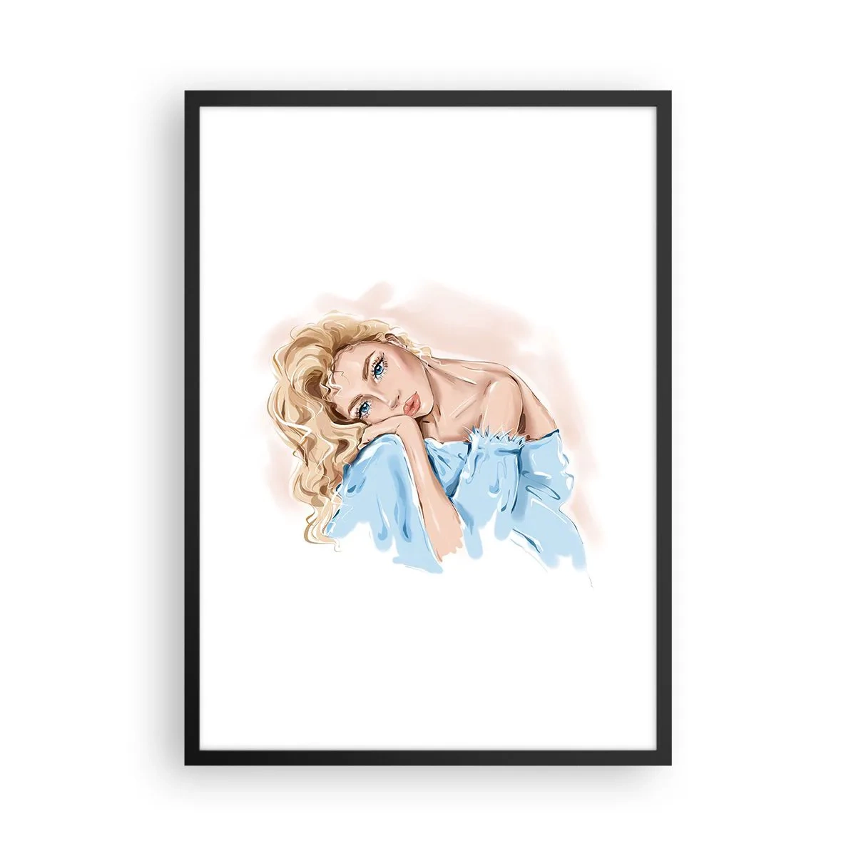 Plakat i sort ramme - Et diskret portræt af en kvinde i sarte farver - 50x70cm - Drømmende i blåt - Moderne vægdekoration til stue og soveværelse ARTTOR