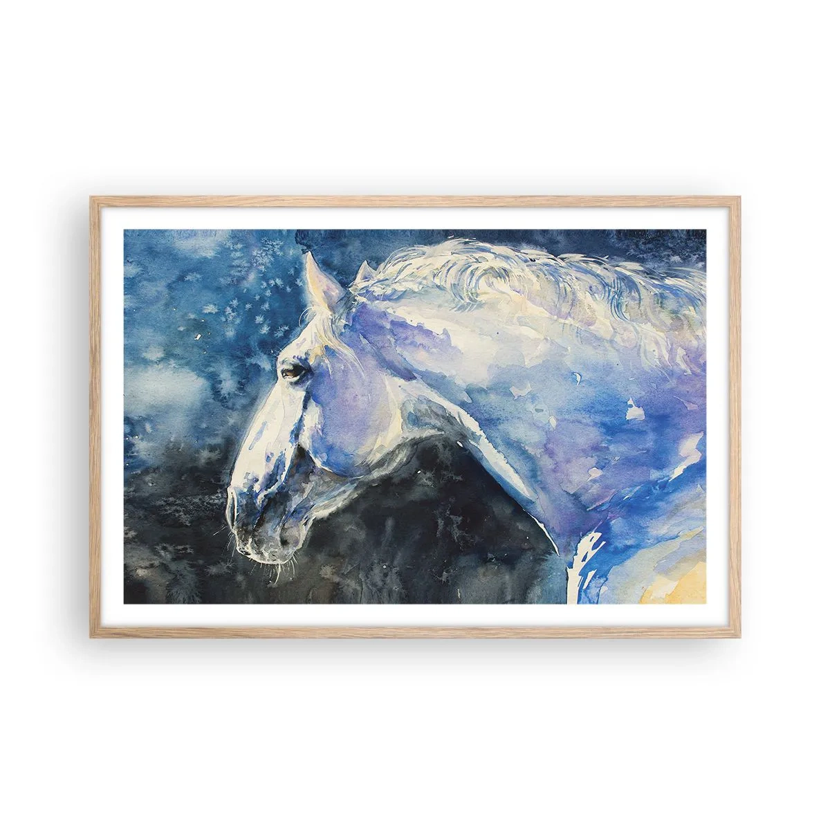 Plakat i ramme af lyst egetræ - Portræt i et blåt skær - 91x61 cm