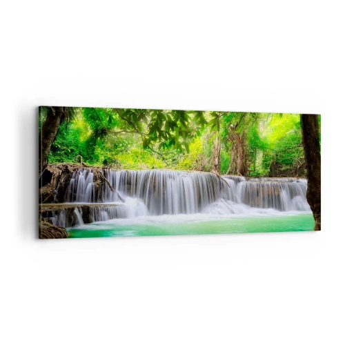 Lærredstryk - Billede på lærred - Kaskade i grønt - 100x40 cm