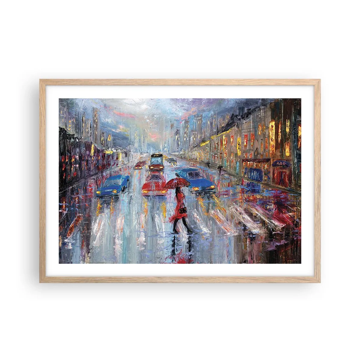 Plakat i ramme af lyst egetræ - Regnfuld eftermiddag i byen - 70x50 cm