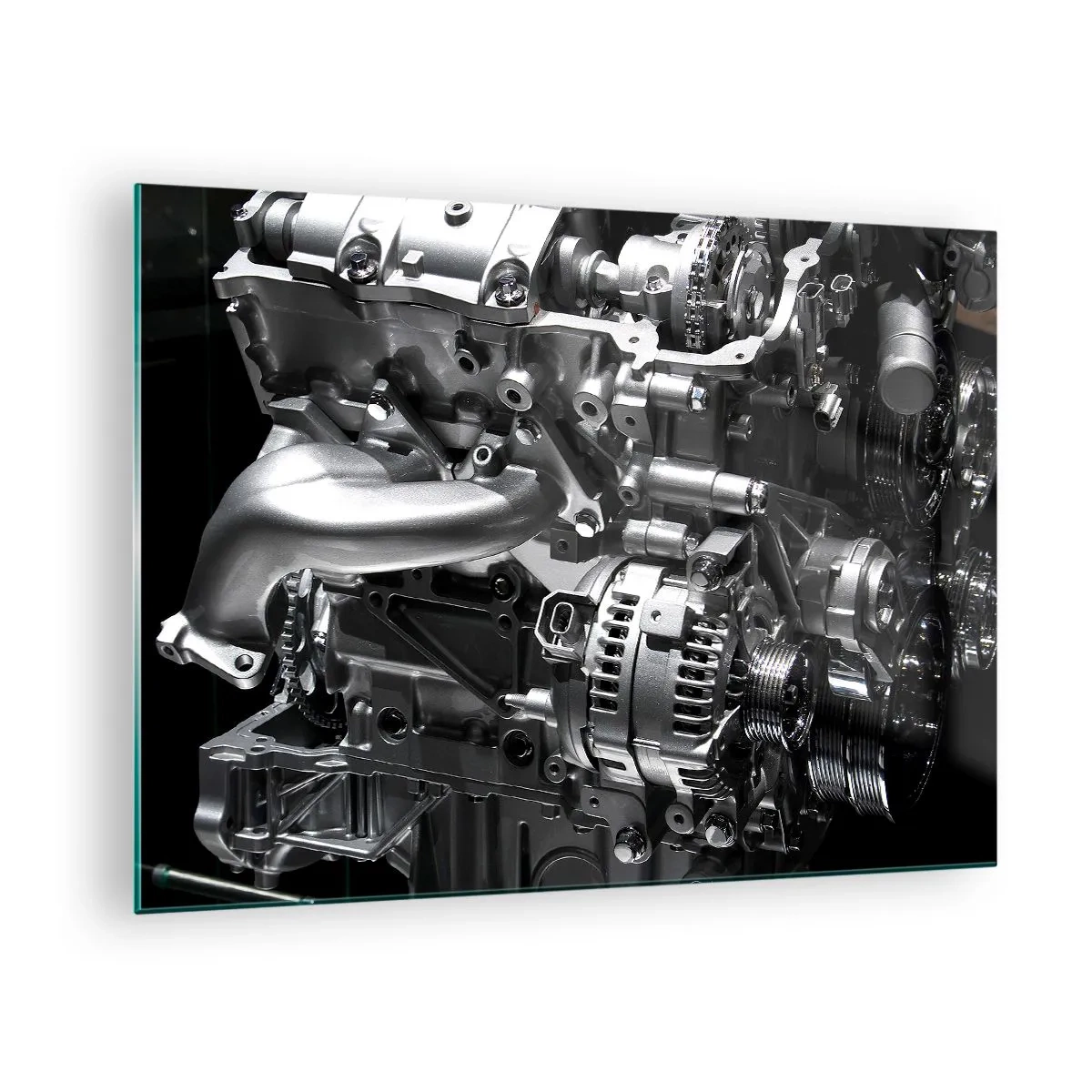 Billede på glas - Detaljer af en metalmotor på en sort baggrund - 70x50cm - Stål, smuk, stærk - Moderne vægdekoration til stue og soveværelse ARTTOR