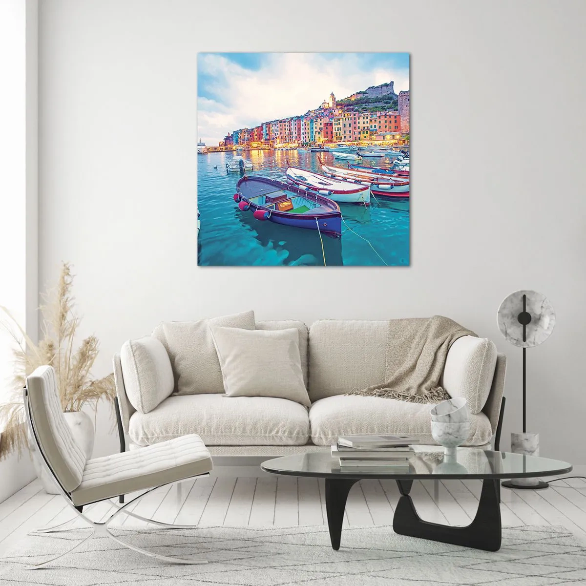 Billede på glas - En farverig aften i havnen - 30x30 cm