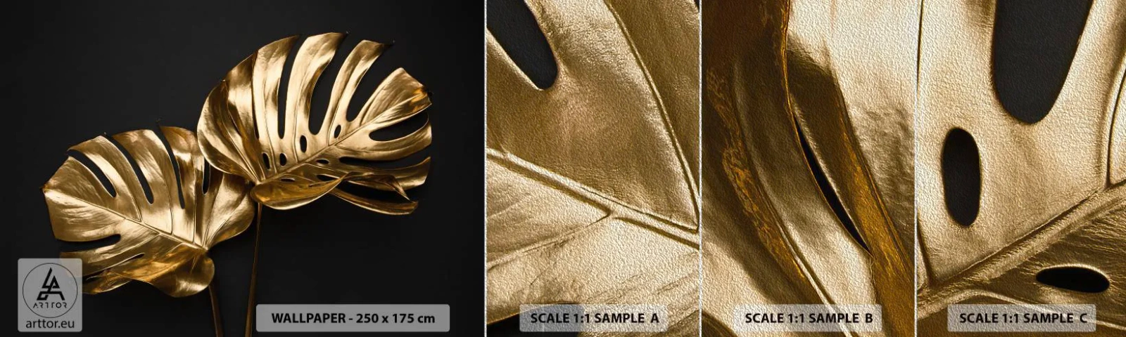 Prøve Fototapet Premium Sand - Naturens skatte - Abstraktion, Gyldne Blade, Monstera blad - 100x30 cm