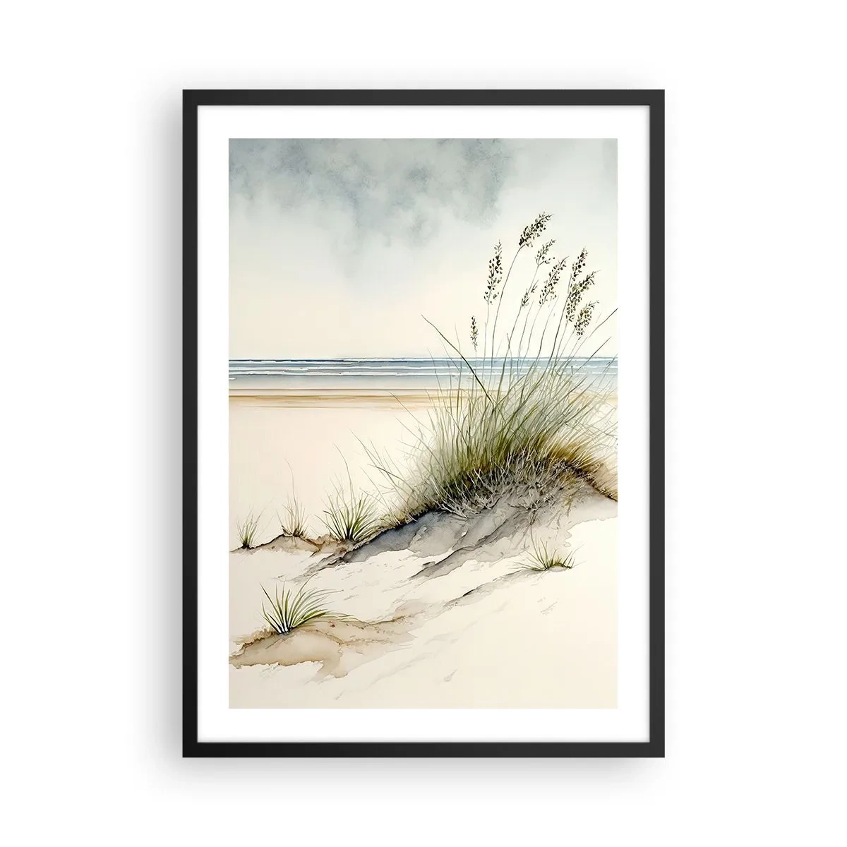 Plakat i sort ramme - Kærtegnet af vinden - græsser på klitterne ved stranden - 50x70cm - Forkælet af vinden - Moderne vægdekoration til stue og soveværelse ARTTOR