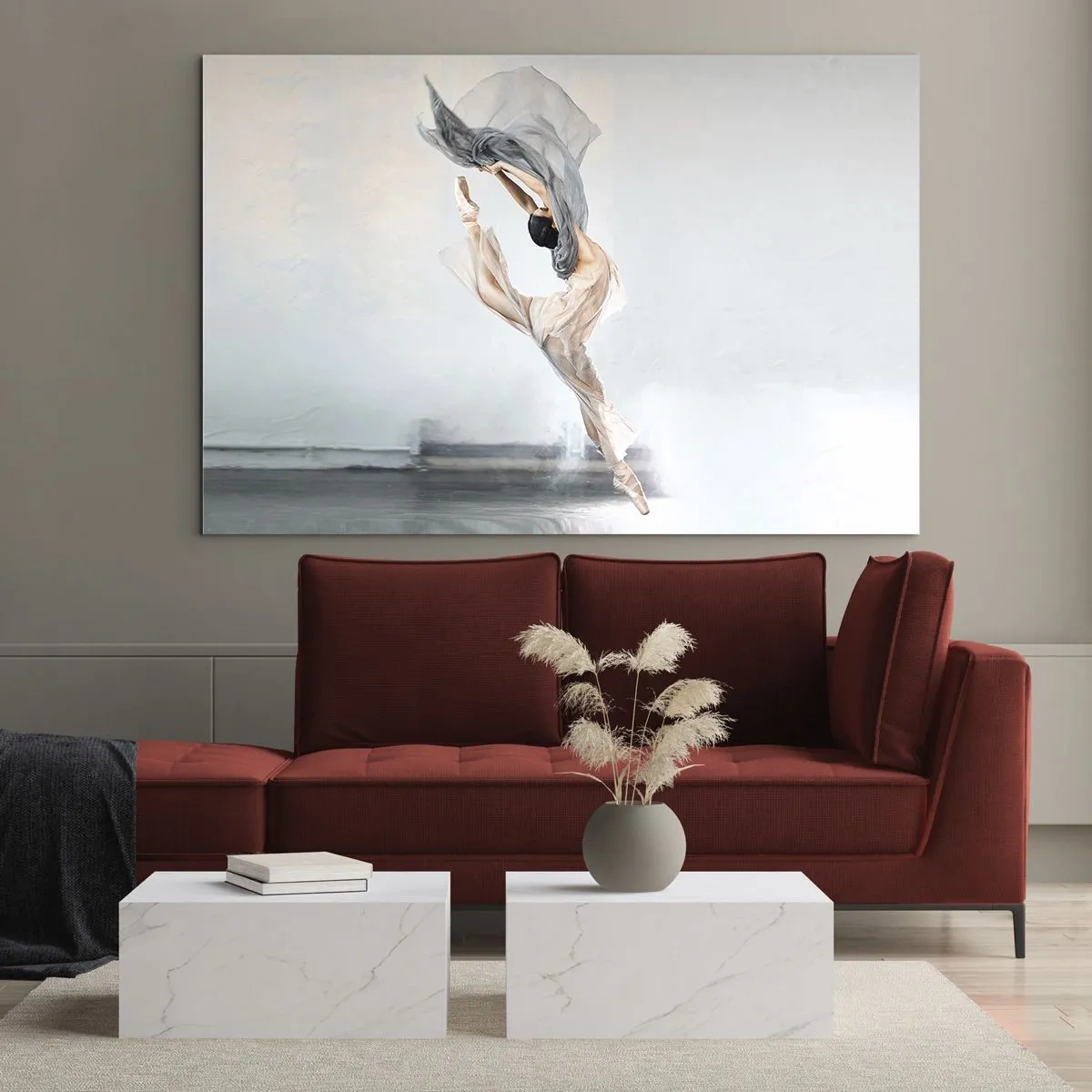 Billede på glas - En ballerina udfører et dynamisk hop i blødt lys. - 70x50cm - I dansende henrykkelse - Moderne vægdekoration til stue og soveværelse ARTTOR