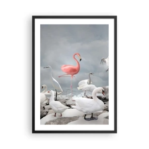 Plakat i sort ramme - En lyserød flamingo omgivet af hvide fugle mod himlen - 50x70cm - Hvor kommer jeg fra? - Moderne vægdekoration til stue og soveværelse ARTTOR