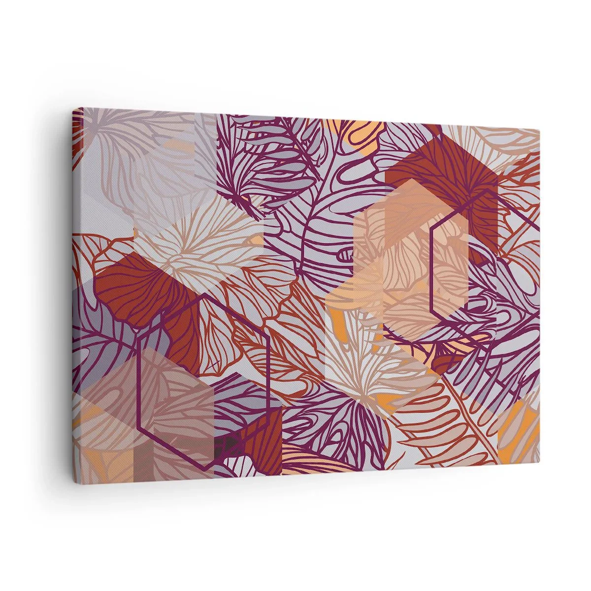 Lærredstryk - Billede på lærred - Et dekorativt tropisk bladmønster i nuancer af lilla, orange og beige. - 70x50cm - Umuligt forhold mellem geometri og natur - Moderne vægdekoration til stue og soveværelse ARTTOR